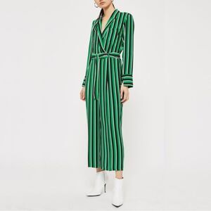 Topshop Green and Black Striped V-Neck Faux Wrap Jumpsuit Size 4